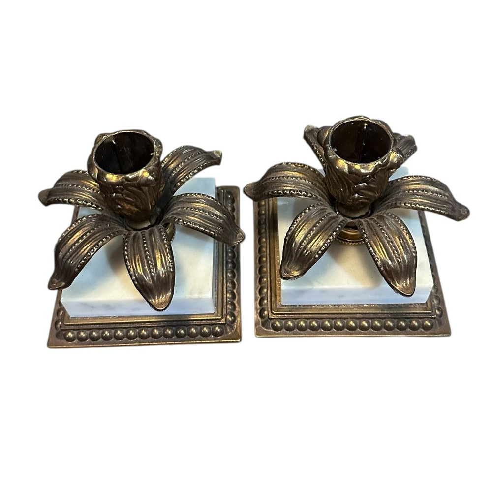 Vintage Brass Tone‎ Candlesticks Marble Base Pair GIM 3117 Floral Design